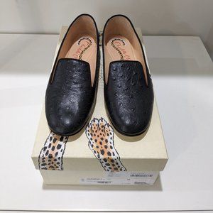 Charlotte Olympia Black Leather Ostrich Effect Loafers